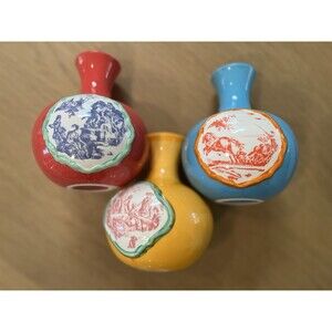 ND Hand Painted Porcelain 5” Vases Set of 3 Colonial Toile Blue Yellow Pink